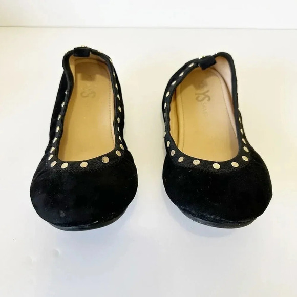 YOSI SAMRA Womens Size 7 Black Suede Gold Studded Foldable Ballet Flats - Picture 3 of 7